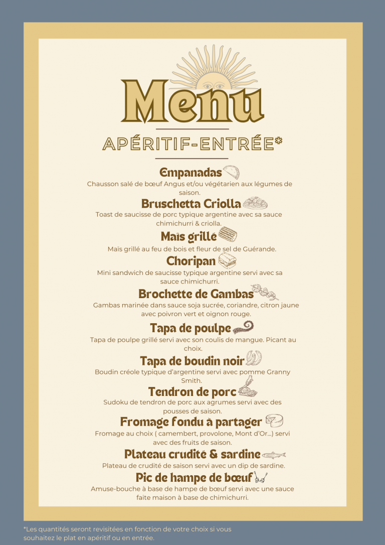 menu entrée et apéritif